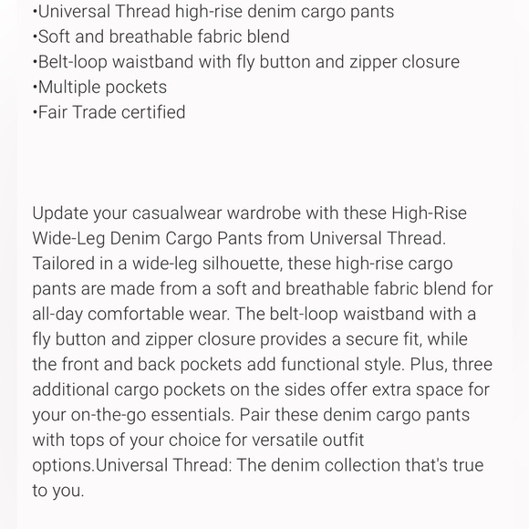 Universal Thread Women's High-Rise
Wide Leg Denim Jeans Cargo Pants
Streetwear - Picture 4 of 5